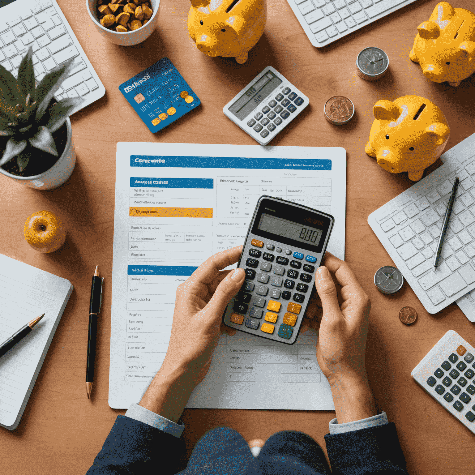 A collage showing a credit card, a calculator, a person reviewing their finances, and a piggy bank, representing smart credit card usage