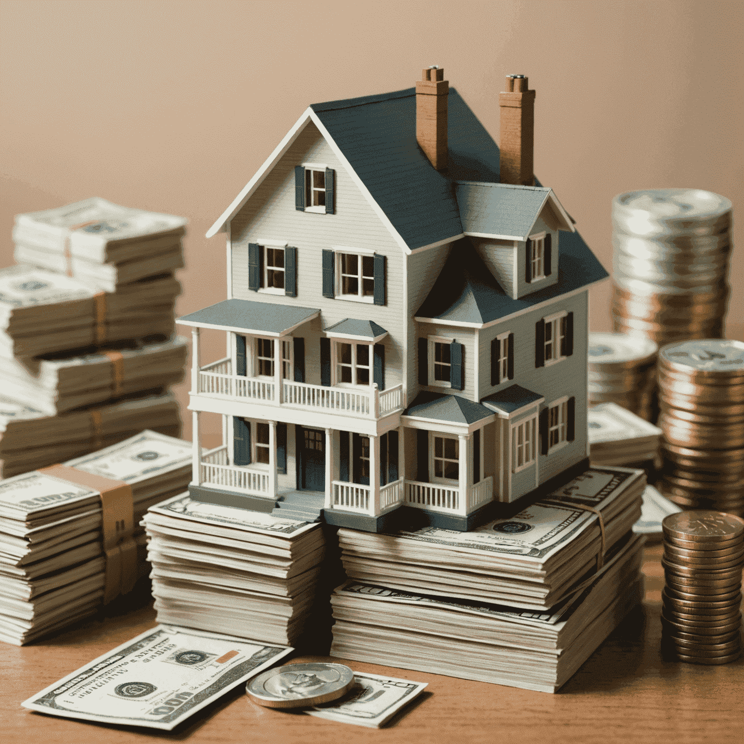 A house with a 'loan' sign and stacks of money representing home equity