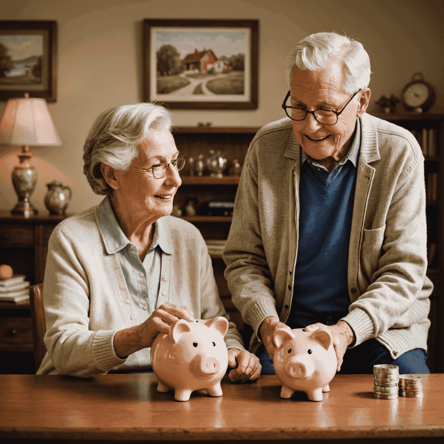 An elderly couple enjoying retirement with a piggy bank and growth chart