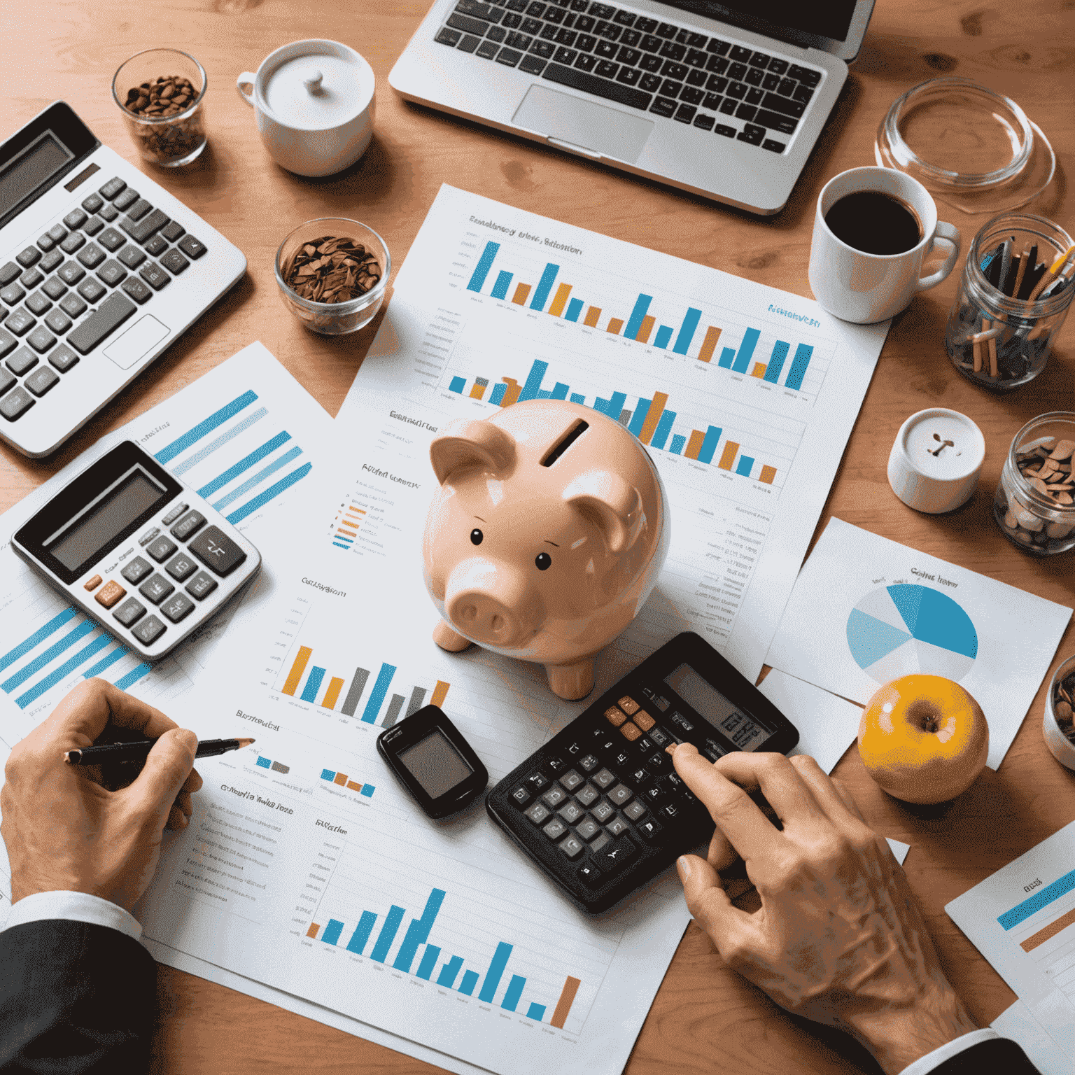 A person working on a budget with charts, calculator, and piggy bank